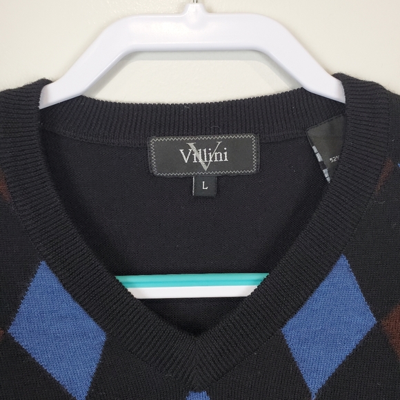 Villini Merino Wool Blend Black Argyle Vneck Sweater Knit L Mens Business Casual - Picture 3 of 8